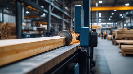Fototapeta premium Precision Woodworking Machine in Action at a Busy Lumber Factory