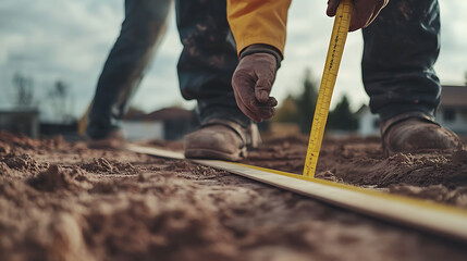 Construction Worker Measuring Ground Level