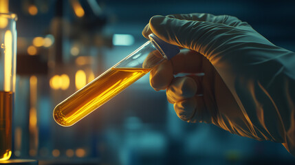 Gloved hand holding test tube with yellow liquid in lab light