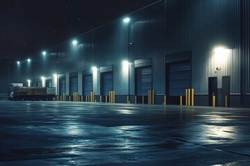 Nighttime Industrial Building Exterior with Truck and Loading Docks
