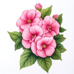 Vibrant Pink Flowers with Lush Green Leaves in a Beautiful Floral Arrangement on White Background