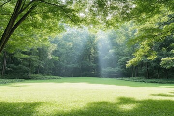Obraz premium Sunbeam shines through dense green trees onto a lush grassy clearing in a peaceful forest.
