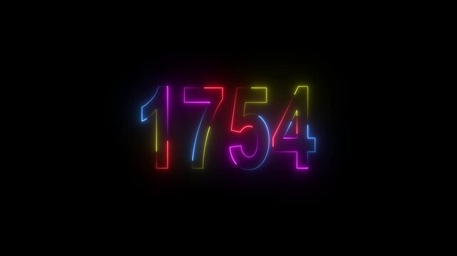 neon sign 1754 ,Four neon color Glowing neon number text background 4k video animation . 1754 title metal text on black alpha channel background