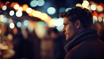 Vintage night market scene with blurred people and bokeh lights for design inspiration