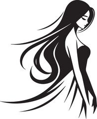 Minimalist Woman Silhouette in Back View with Flowing DressGraceful female silhouette from waist/shoulder up, elegant pose, flowing hair, minimalist style
