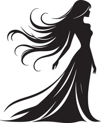 Minimalist Woman Silhouette in Back View with Flowing DressGraceful female silhouette from waist/shoulder up, elegant pose, flowing hair, minimalist style