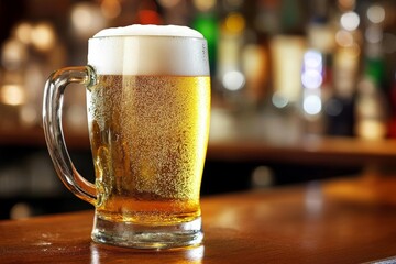 Close up shot of a beer glass on a bar counter with a blurred pub or cafe background