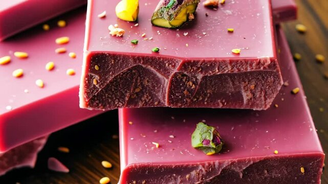 Gourmet ruby chocolate bars with pistachio toppings close-up