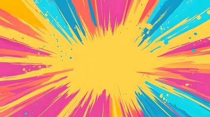 Vibrant radial burst of paint splatters and streaks.