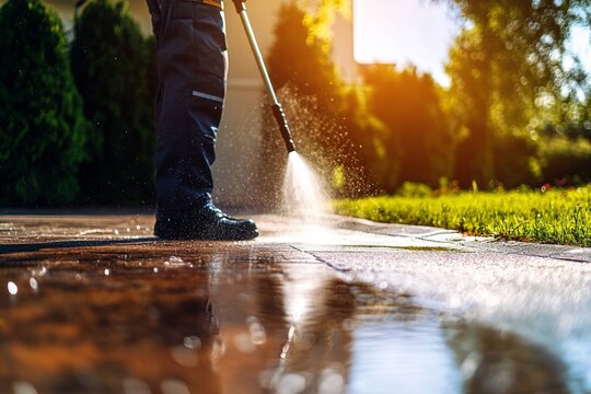 A man using a high pressure water hose to clean his driveway on a bright sunny day