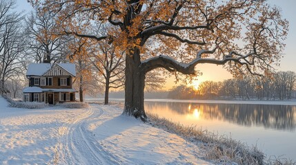 Obraz premium Winter sunrise over a tranquil house by a river