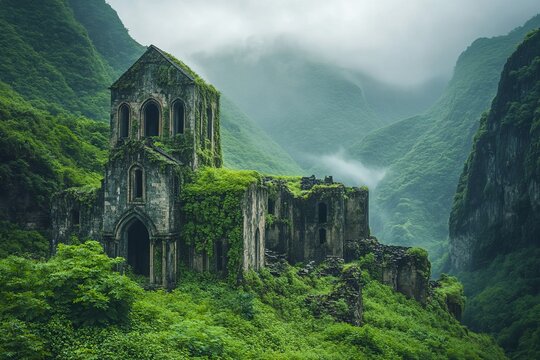 Ancient monastery ruins enveloped in moss and ivy, set against misty green mountainscape