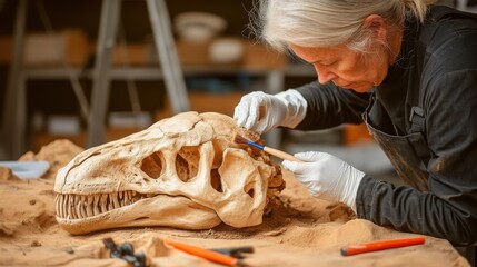 Archaeologist cleaning dinosaur skull with brush in laboratory