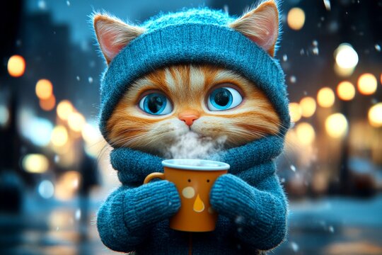 Problem of struggling animals. Sad cute baby cat pixiebob in winter warm clothes, holding hot tea with rising steam in paws. Social ad campaign - animal care. Kitten aid project. Cat cold coat.