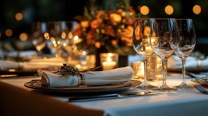 Elegant dining setup with candles and floral centerpiece, creating a warm atmosphere for a celebration