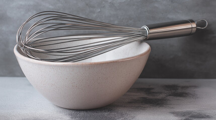 Premium stainless steel whisk resting elegantly in ceramic mixing bowl perfect for professional home bakers