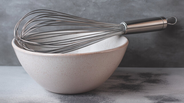 Premium stainless steel whisk resting elegantly in ceramic mixing bowl perfect for professional home bakers