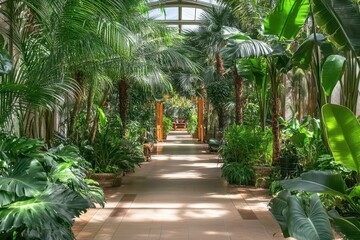 Obraz premium Lush tropical conservatory walkway.