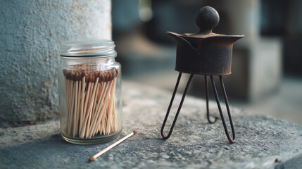 Charming jar of wooden toothpicks beside sleek metal stand adding rustic flair convenience to countertops