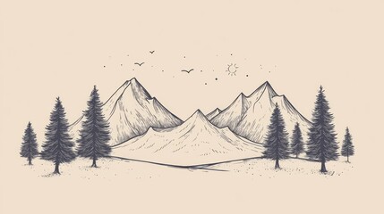 Mountain range sketch, birds flying, tranquil scene, nature art, design element