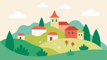 Watercolor Village Surrounded by Hills and Flowers