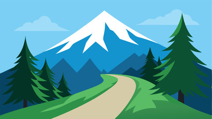 Fototapeta premium Pine Forest Trail with Snowy Mountain Backdrop