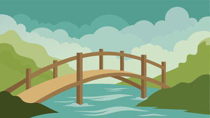 Old Wooden Bridge over Misty River in Watercolor