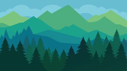 Fototapeta premium Flat Style Pine Forest with Layers of Mountains