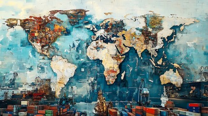 World Map with Cargo Port Collage