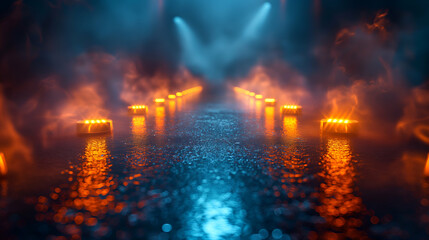 Noir Alleyway Orange Neon Reflections on Wet Pavement with Blue Fog.