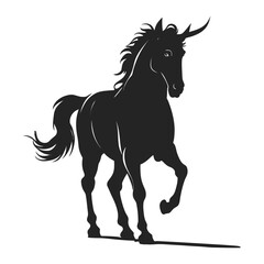 A captivating black silhouette of a unicorn in a dynamic pose against a plain white background.