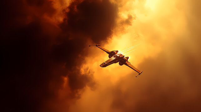 Futuristic starfighter darting through vibrant nebula clouds at hypersonic speed capturing cosmic battle dramatic essence