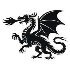 A powerful, stylized silhouette of a dragon in a heraldic style.