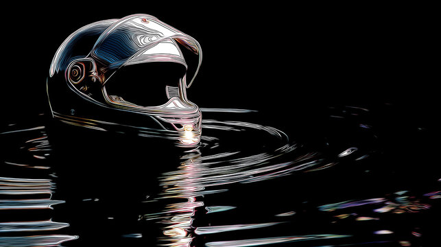 Helmet Reflection Rippling on Water Surface with White Outline Creates Surreal Mirror Effect for Photography