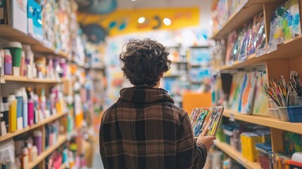 A teenager selecting art supplies in a vibrant craft store --ar 16:9 --v 6.1 Job ID: efdc8329-fc07-407d-a5d0-23ebe870fc6e