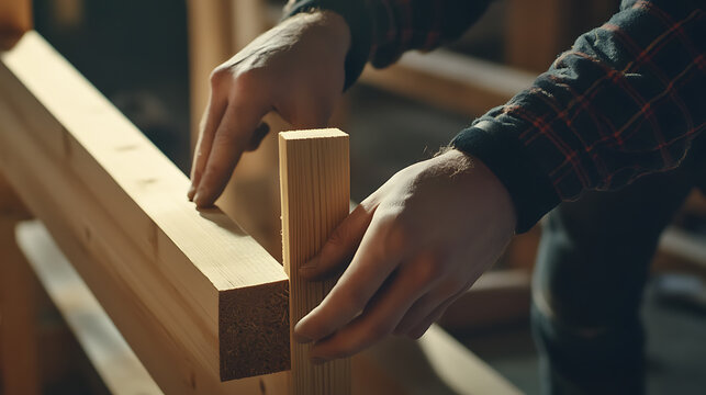 Carpenter Measuring and Aligning Wooden Planks