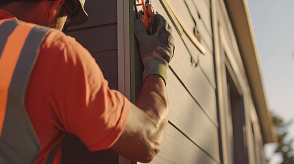 Construction Worker Installing Siding on a Building
