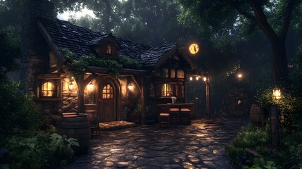 Enchanted woodland cabin bathed in warm light.