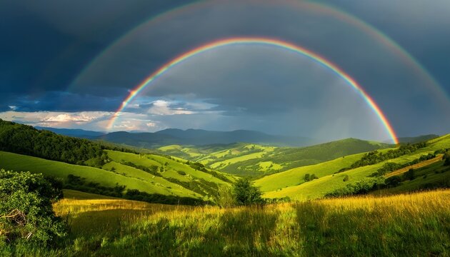Majestic double rainbow over rolling green hills under stormy sky