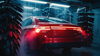 Rear view of a modern red sedan being cleaned by rotating brushes and water in an automated carwash tunnel, highlighting the tail lights.