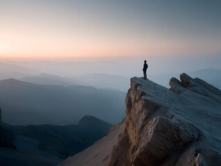Silhouette of a man standing on a mountain peak contemplates the horizon