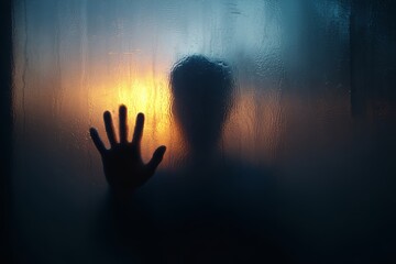 Eerie silhouette of a man pressing palm against fogged window at sunset creates mystery