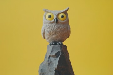 Gray owl figurine perched atop a dark stone.