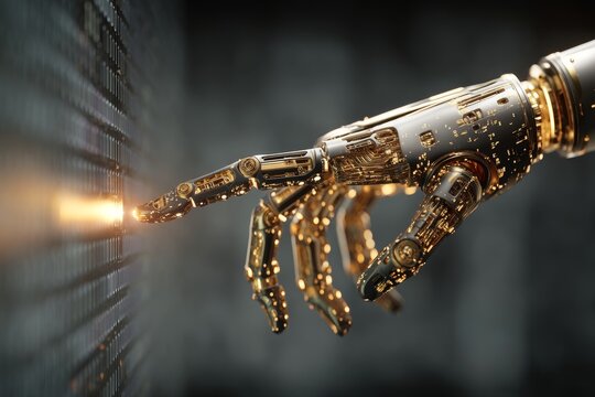 Digital gold robotic hand interacting with binary code on a blurred background, ai concept