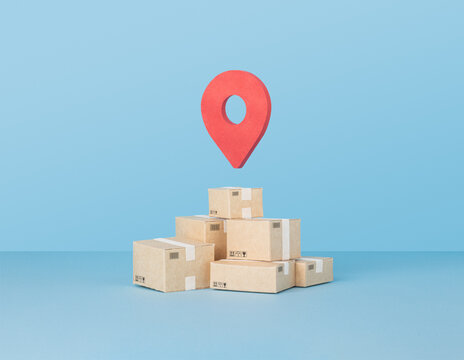 stack of delivery boxes with a red map market icon floating above, illustrating logistics, shipping, online shopping and package tracking issues