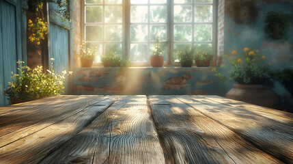 Sunlit Wood Table Farmhouse Window View, Summer Plants in Natural Light.