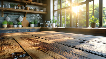 Farmhouse Kitchen Table Sunny Window Light, Warm Wood Texture Interior Background.