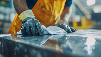 Worker Cleaning a Metal Surface in an Industrial Setting