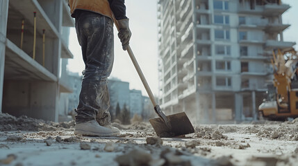 Construction Worker Using Shovel on Site