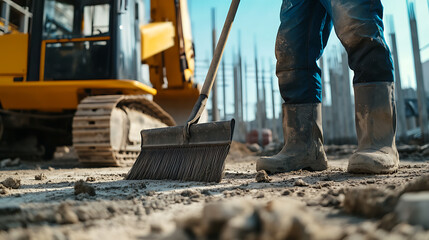 Construction Worker Sweeping at a Building Site